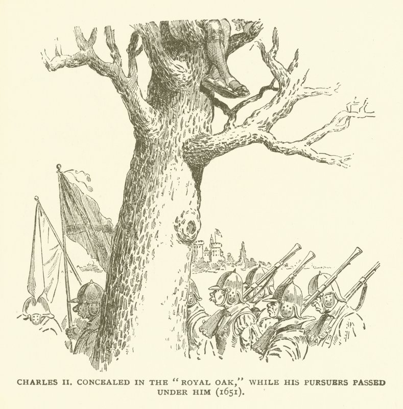 Charles II Concealed in the Royal Oak, While His Pursuers Passed Under Him (1651) by American School