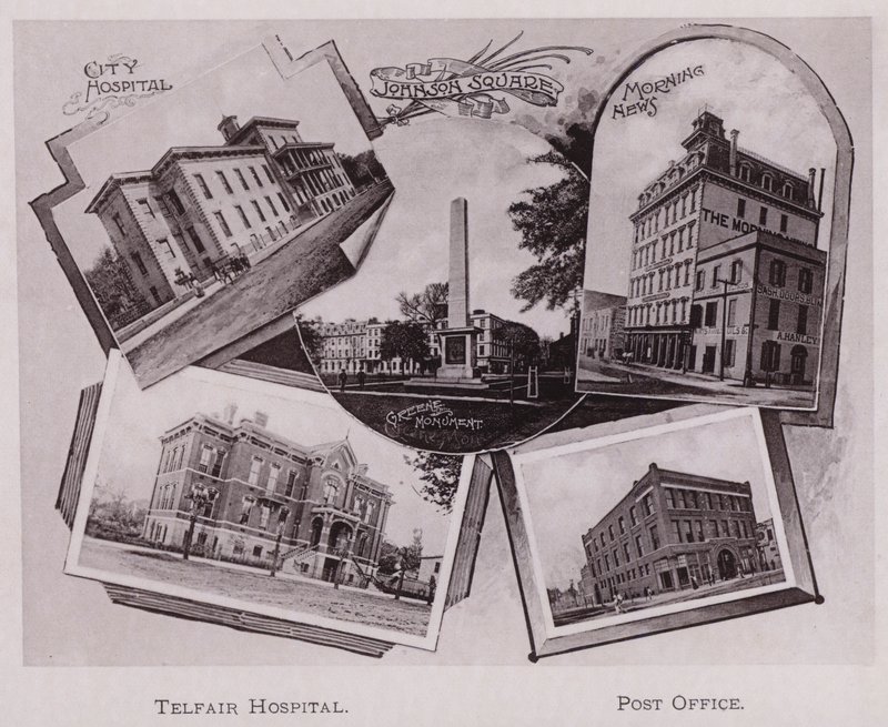City Hospital; Johnson Square; Greene Monument; Morning News, Telfair Hospital, Post Office by American Photographer (after)