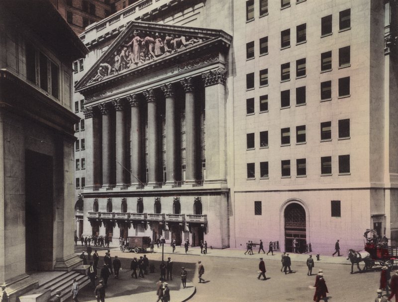New York: J P Morgan and Co; New York Stock Exchange by American Photographer (after)