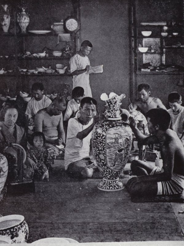 Porcelain decorators at work, in the noted Kinkosan Works at Awata, Kioto by American Photographer (after)