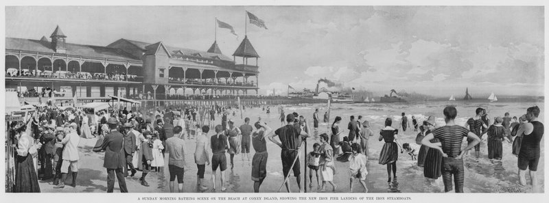 A Sunday Morning Bathing Scene on the Beach at Coney Island, showing the New Iron Pier Landing of the Iron Steamboats by American Photographer