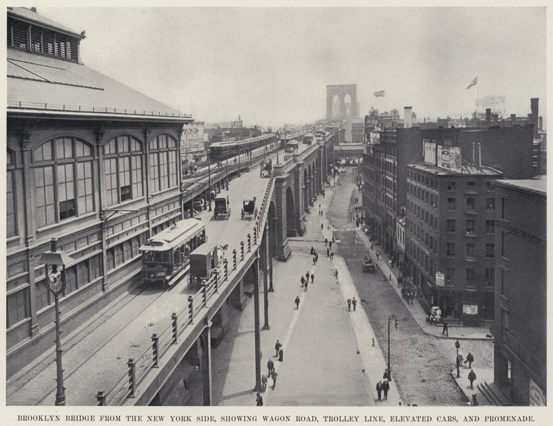 Brooklyn Bridge from the New York Side, showing Wagon Road, Trolley Line, Elevated Cars, and Promenade by American Photographer