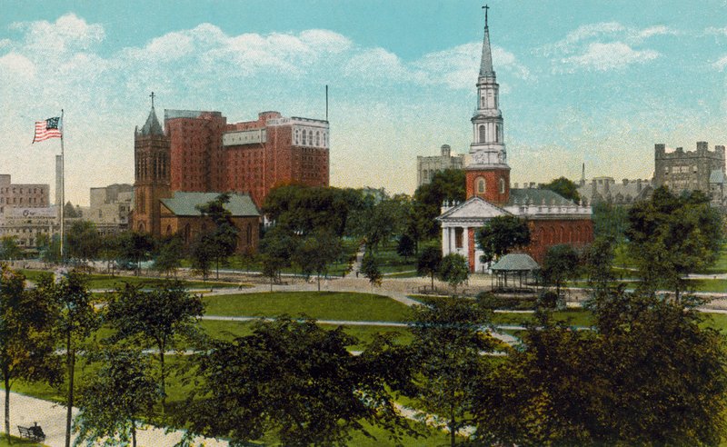 New Haven, Conn: Trinity Church, Taft Hotel and Center Church from across the Green by American Photographer