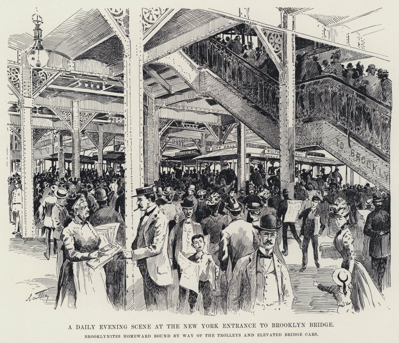 A Daily Evening Scene at the New York Entrance to Brooklyn Bridge by American School