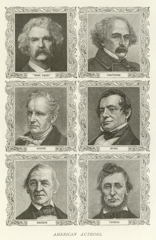 American Authors, Mark Twain, Hawthorne, Cooper, Irving, Emerson, Thoreau by American School