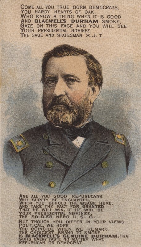 American Soldier and Politician Ulysses S. Grant, Trade Card Advertising Blackwell Durham Bull Tobacco, 1870s by American School