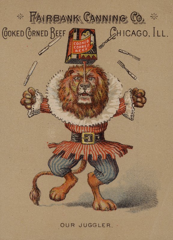 American trade card advertising cooked corned beef from the Fairbank Canning Company, Chicago, Illinois by American School