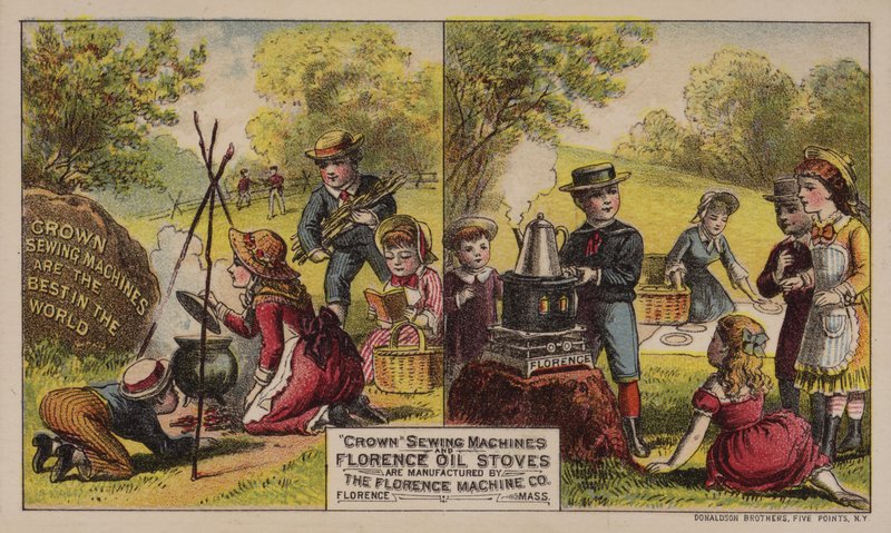 American trade card advertising sewing machines and oil stoves manufactured by the Florence Machine Company, Massachusetts by American School