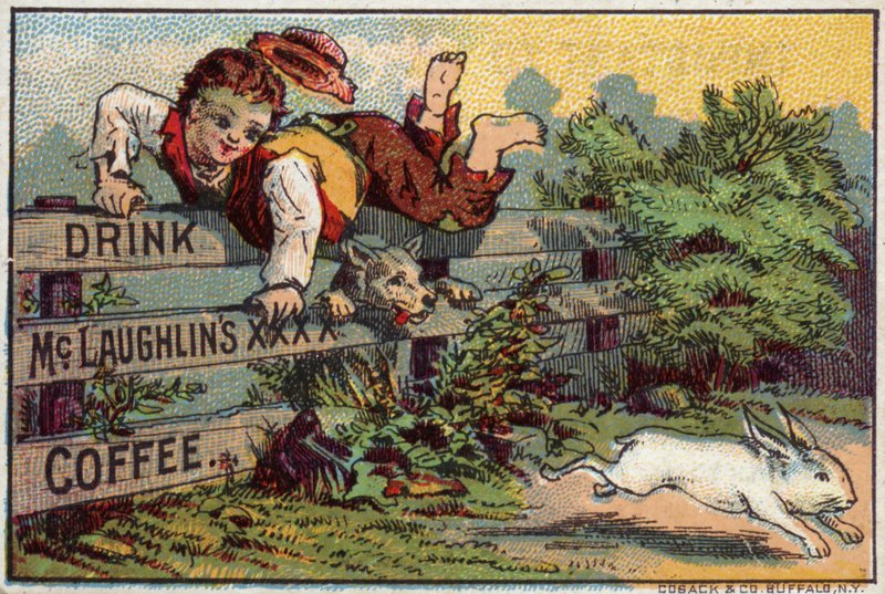 Boy and dog, chasing rabbit by American School