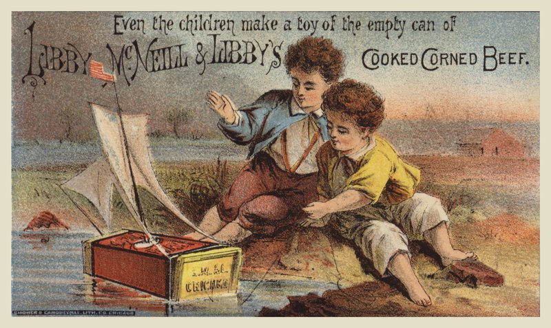 Boys Playing with Corned Beef Tin Sailing Boat by American School