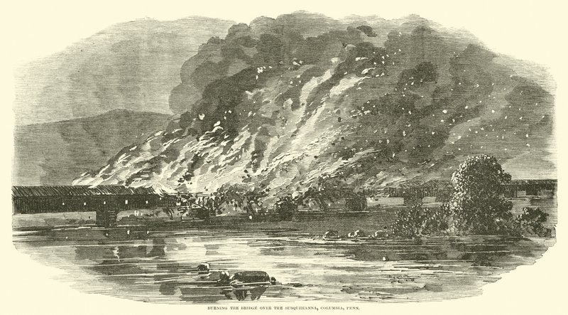 Burning the bridge over the Susquehanna, Columbia, Pennsylvania, June 1863 by American School