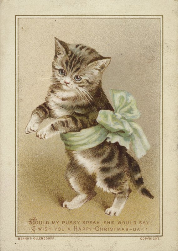 Cat Wearing Green Bow by American School