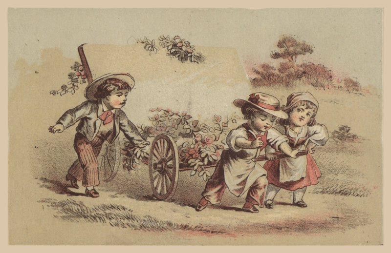 Children Pulling Cart with Flowers by American School