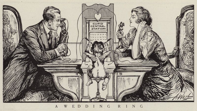 Cupid Orchestrating a Phone Call Between a Man and a Woman by American School