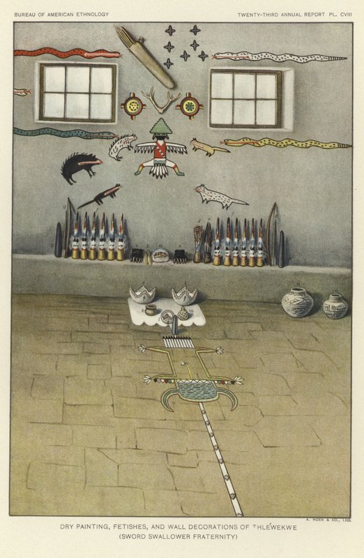 Dry painting, fetishes, and wall decorations of Thlewekwe (sword swallower fraternity) by American School