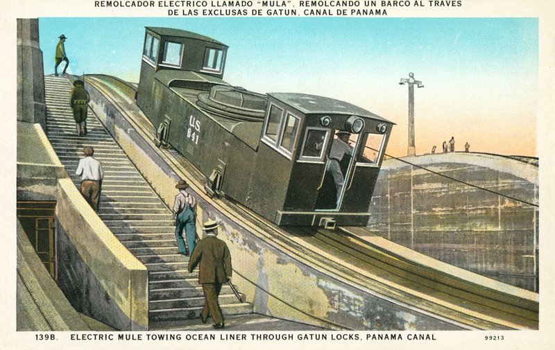 Electric mule towing Ocean Liner through Gatun Locks, Panama Canal by American School