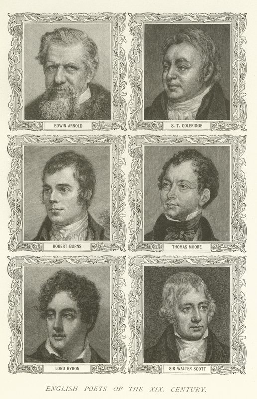 English Poets of the XIX Century, Edwin Arnold, S T Coleridge, Robert Burns, Thomas Moore, Lord Byron, Sir Walter Scott by American School