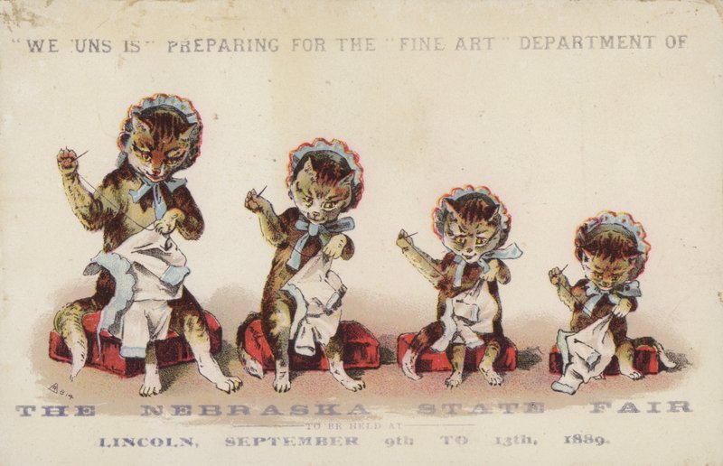 Four Cats Sewing Wearing Bonnets by American School