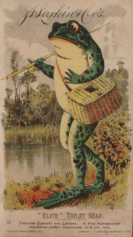 Frog going fishing, advertisement for J D Larkin