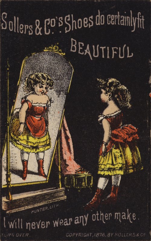 Girl Looking in Mirror at Red Boots by American School
