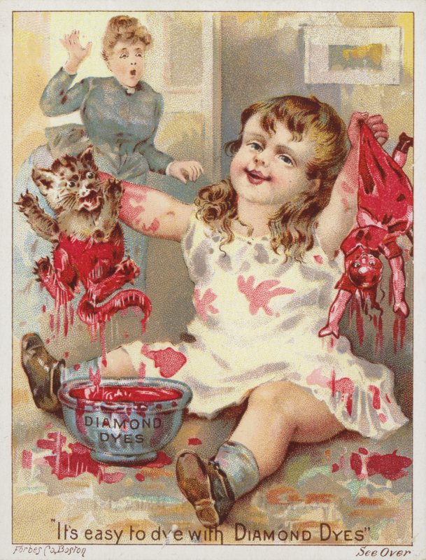 Girl Dipping Cat and Doll into Red Dye by American School