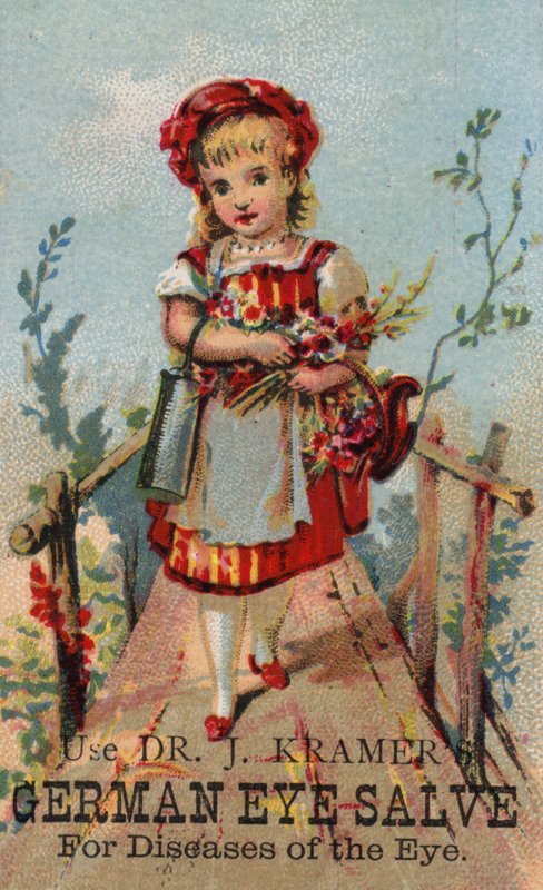 Girl on bridge, advertising German Eye Salve by American School