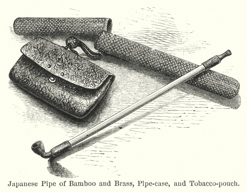 Japanese Pipe of Bamboo and Brass, Pipe-case, and Tobacco-pouch by American School