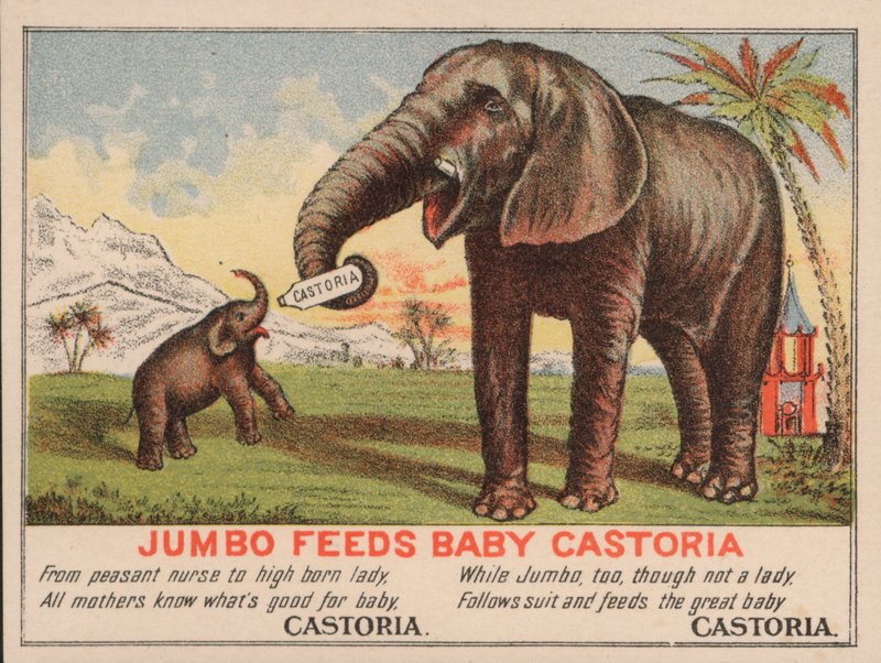 Jumbo feeds baby Castoria, advertisement for Fletcher