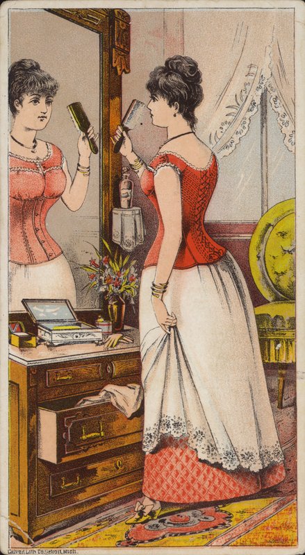 Lady Looking in Mirror Wearing Under Garments by American School
