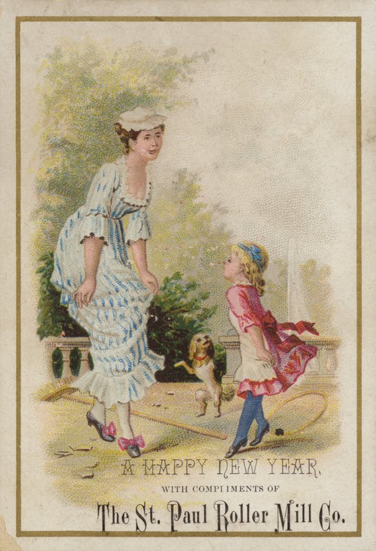 Lady and Girl Dancing, New Year Card by American School