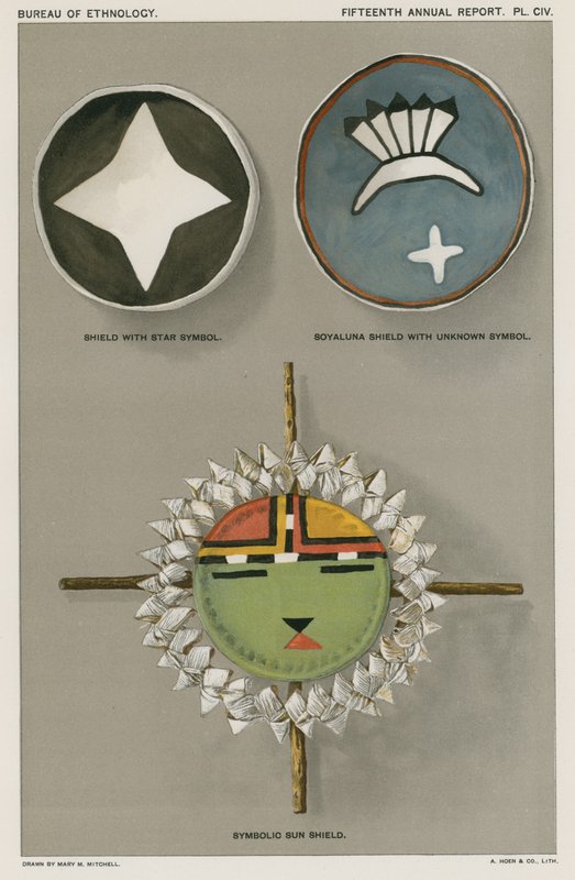 Native American Shields - Shield with Star Symbol, Soyaluna Shield with Unknown Symbol, Symbolic Sun Shield by American School