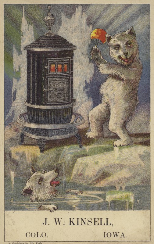 Polar bear dancing by a stove by American School