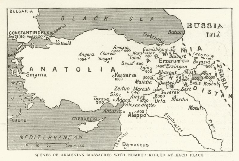 Scenes of Armenian massacres with number killed at each place by American School