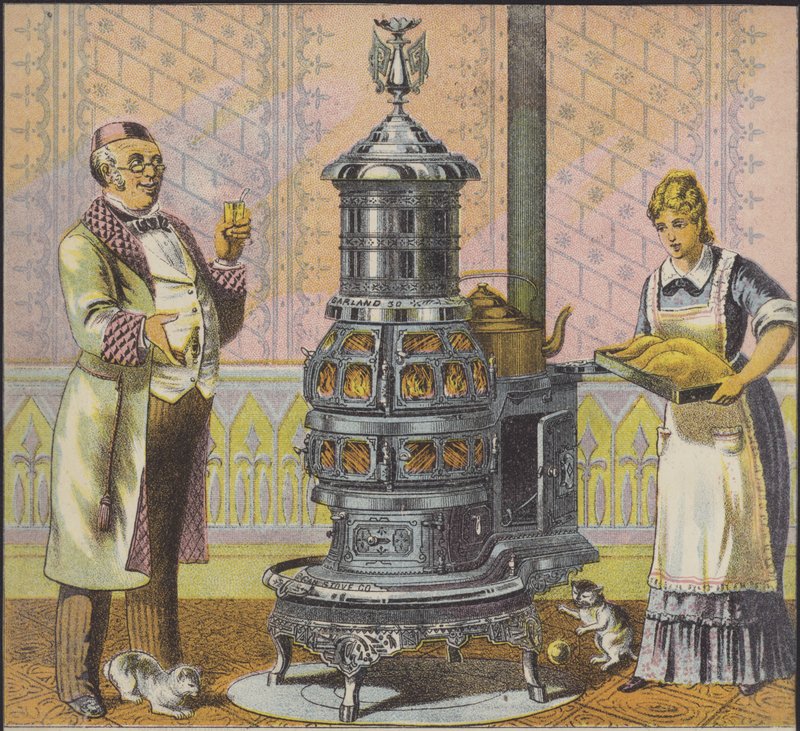 Servant putting turkey into large cooking stove, with master of the house looking on by American School