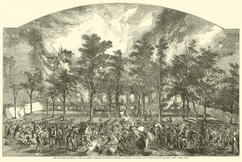 The Rioters Burning the Colored Orphan Asylum, Corner of Fifth Avenue and Forty-Sixth Street, New York City, July 1863 by American School