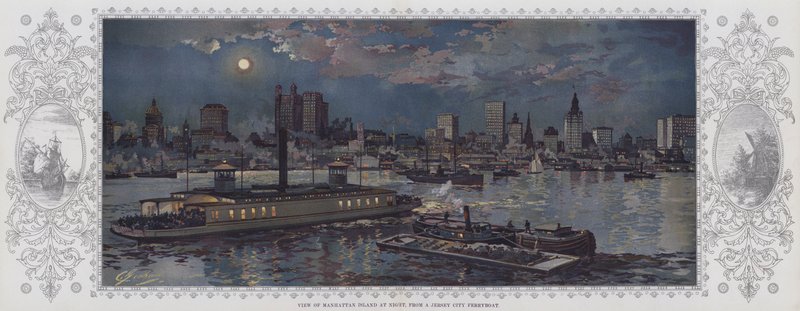 View of Manhattan Island at Night, from a Jersey City Ferryboat by American School