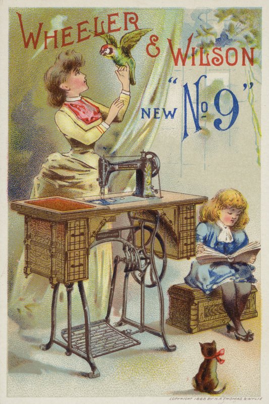Woman Holding Parrot Next to Sewing Machine by American School