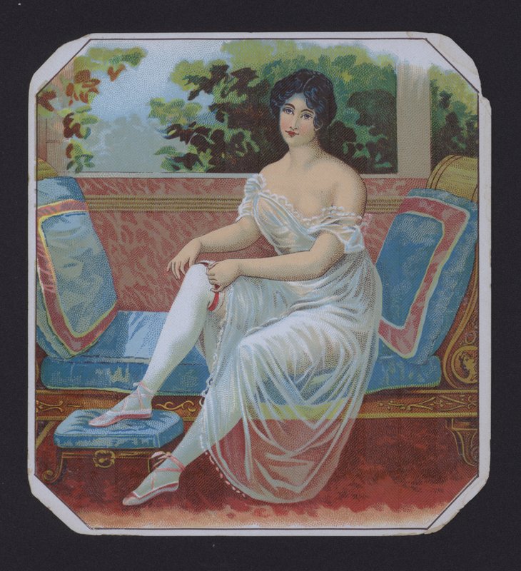 Woman in a negligee, cigar label by American School