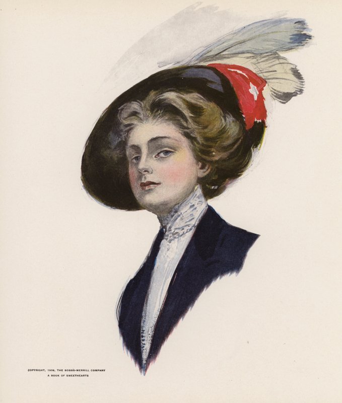 Young woman wearing a hat with feathers by American School