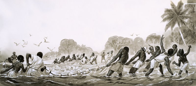 Natives of the Caribbean using nets to trawl the seas for fish by Angus McBride