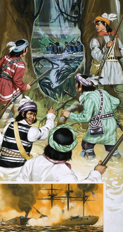 Seminole Indians battle the American soldiers in the swamps by Angus McBride