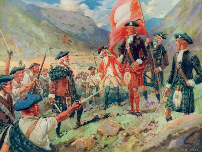 The Raising of the Standard, Bonnie Prince Charlie lands in Scotland in 1745 by Archibald Bertram (after) Webb