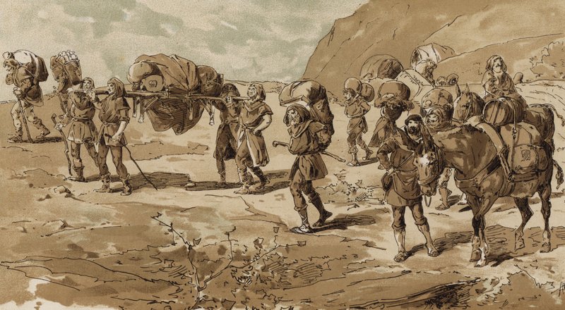 Litter, Bearers and Loaded Pack Mules, Time of the Crusades by Armand Jean Heins