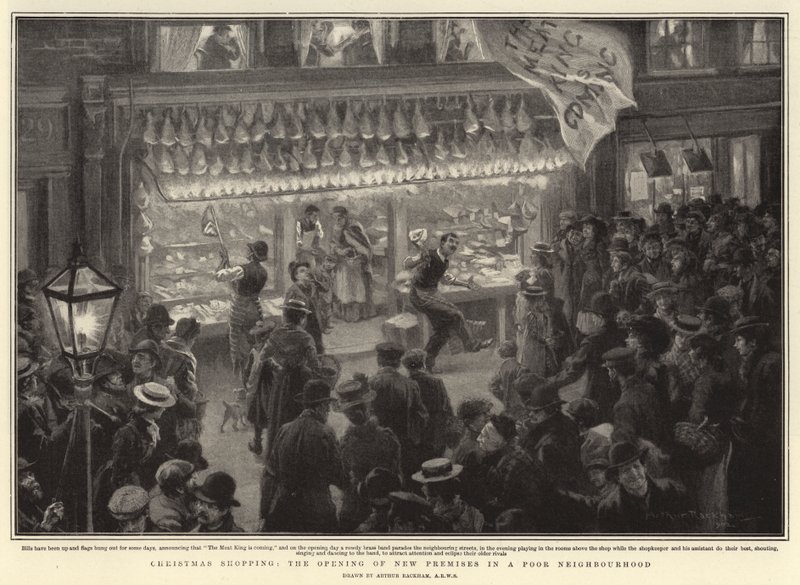 Christmas Shopping, the Opening of New Premises in Poor Neighbourhood by Arthur Rackham