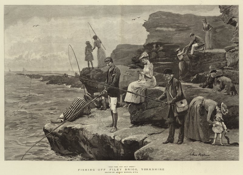 Fishing off Filey Brigg, Yorkshire (engraving) by Arthur (after) Hopkins