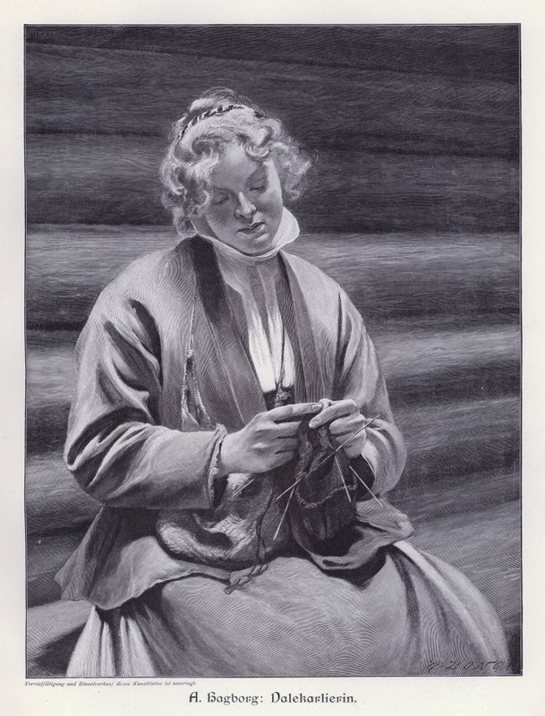 Portrait of a woman knitting by August Wilhelm Nikolaus Hagborg