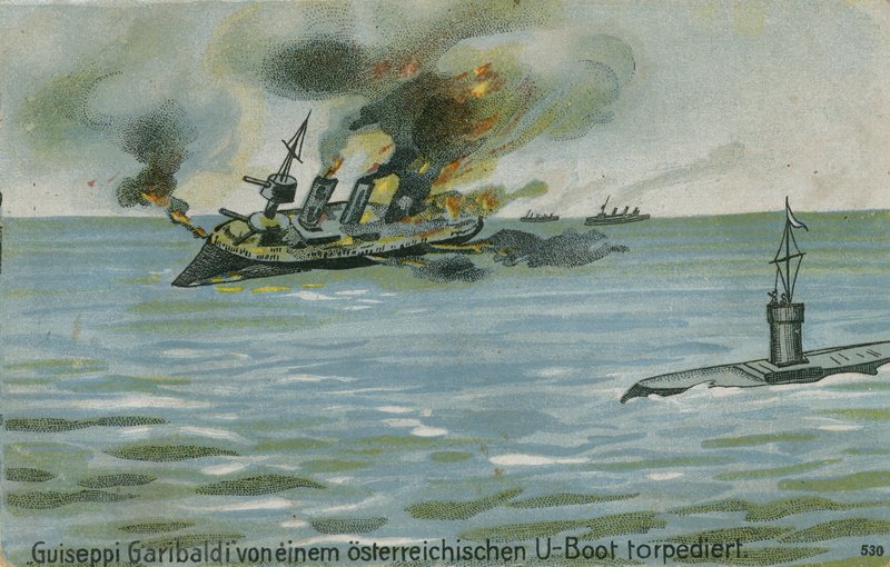 Sinking of the Italian Cruiser Giuseppe Garibaldi by the Austrian Submarine U-4, World War I, 18 July 1915 by Austrian School