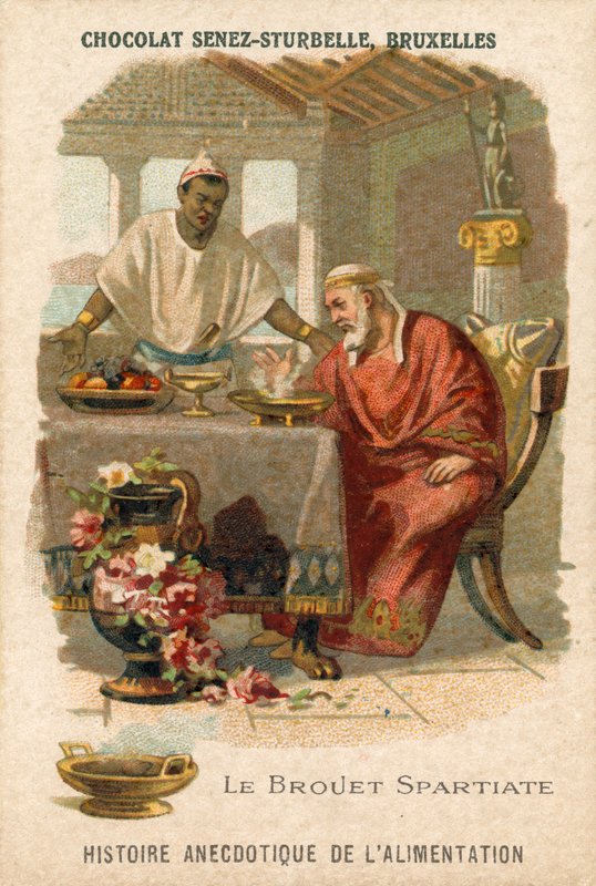The Spartan Broth, trade card produced by Chocolat Senez-Sturbelle by Belgian School