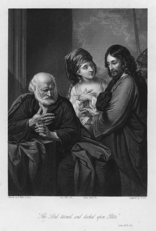 Peter denies Christ, Luke XXII, 61 (engraving) by Benjamin (after) West