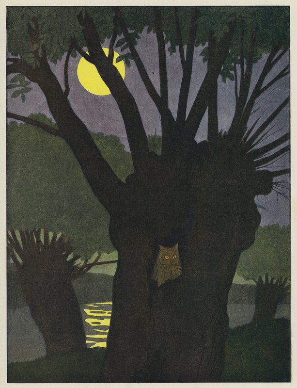 Owl in a Hole in a Tree on a Moonlit Night by Benjamin Rabier